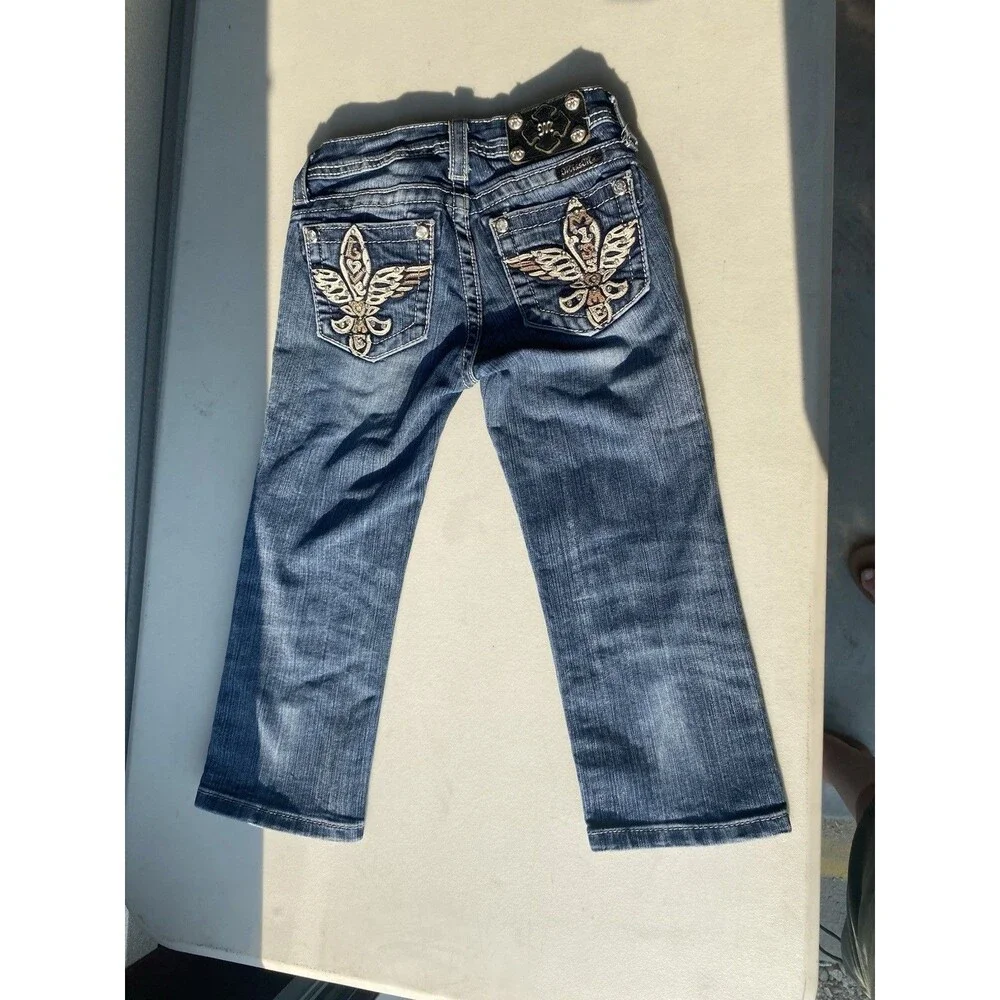 Miss Me Girls Denim Capri Jeans Size 10 Winged Flap Pocket Rhinestone JK5740P